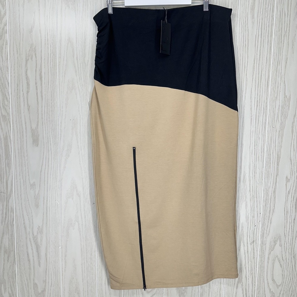 Poetic Justice Skirt Womens 2X Beige Colorblock Midi Pencil Zip Slit Stretch‎